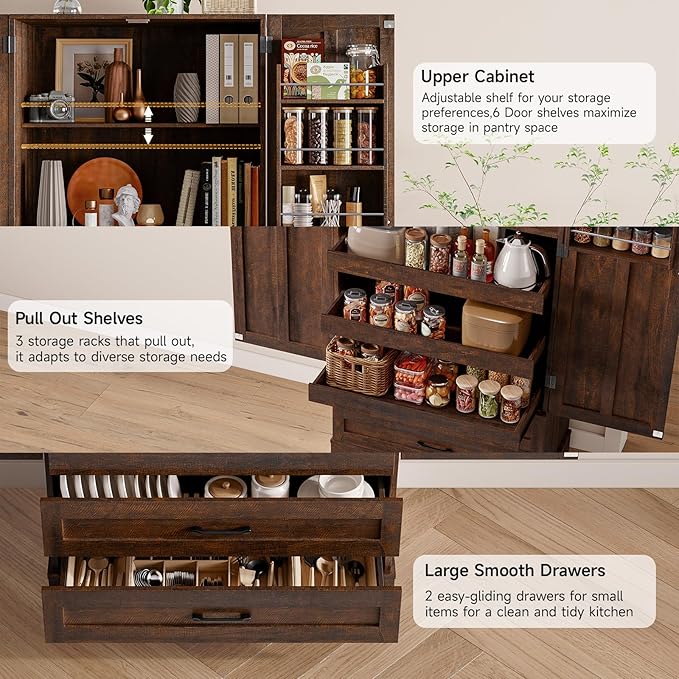 ONBRILL 71" Tall Farmhouse Kitchen Pantry Cabinet with 3 Pull Out Shelves & 2 Large Drawers, Pantry Storage Cabinet with 6 Door Shelf & Adjustable Shelf, Freestanding Cupboard for Kitchen, Dining Room