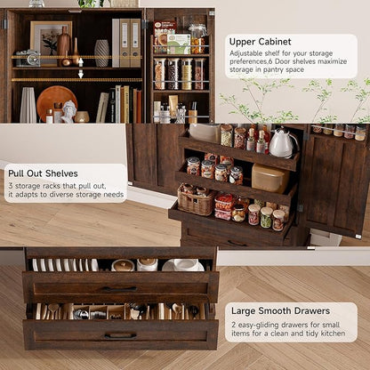 ONBRILL 71" Tall Farmhouse Kitchen Pantry Cabinet with 3 Pull Out Shelves & 2 Large Drawers, Pantry Storage Cabinet with 6 Door Shelf & Adjustable Shelf, Freestanding Cupboard for Kitchen, Dining Room