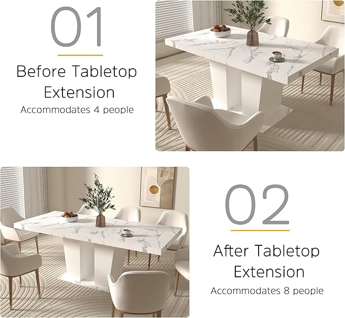 78.74" Extendable Dining Table for 6 8 10 Person, Modern White Faux Marble Expandable Kitchen Table with Dual Column Pedestal, Large Rectangle Wooden Expanding Table for Kitchen Dining Conference Room