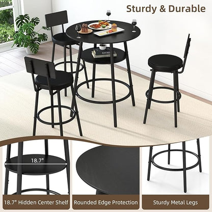 Zevemomo 4 Pieces 28.9" Round Bar Table Set, Bar Stool Table Set of 3, Black Kitchen Bar Table, Breakfast Table with Storage, 3 Thickened Cushion Stools with Backrest for Small Space & Bistro-Black