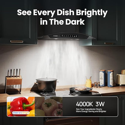 VIKIO HOME Black 30 inch Wall Mounted Range Hood Glass 900 CFM, Stainless Steel Kitchen Hood Vent with Gesture/Touch Controls, 3-Speed Exhaust Fan and Stainless Steel Baffle Filter, 2 LED Lights