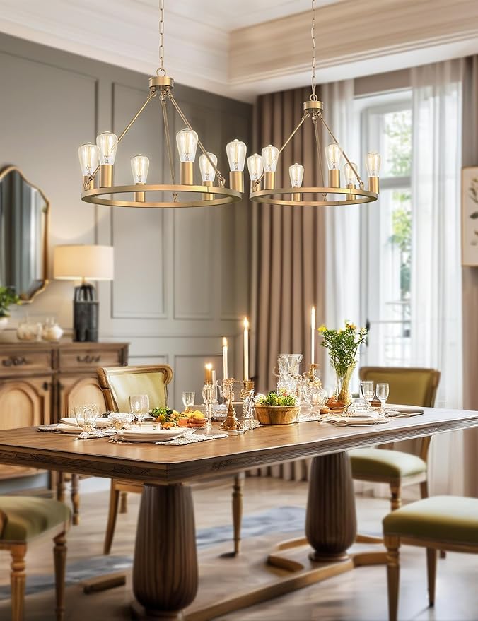 L LOHAS LED Gold Farmhouse Chandeliers for Dining Room, 6-Light Wagon Wheel Chandelier Over Table, Height Adjustable, 19" Dining Room Light Fixtures, Modern Chandelier for Kitchen Island Living Room