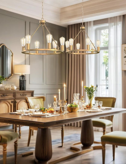 L LOHAS LED Gold Farmhouse Chandeliers for Dining Room, 6-Light Wagon Wheel Chandelier Over Table, Height Adjustable, 19" Dining Room Light Fixtures, Modern Chandelier for Kitchen Island Living Room