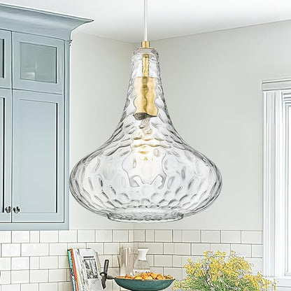 AUTELO Gold Pendant Lights, 10" Hammered Pendant Lights Kitchen Island, Farmhouse Hanging Lights in Brushed Gold Finish and Clear Hammered Glass, Hanging Light Fixture for Kitchen Island, H9164 HMBG