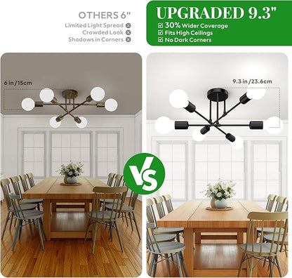 Black Sputnik Chandelier 6 Light, 22" Mid Century Modern Ceiling Light Fixture, Industrial Semi Flush Mount for Dining Room Bedroom Kitchen, E26 Base