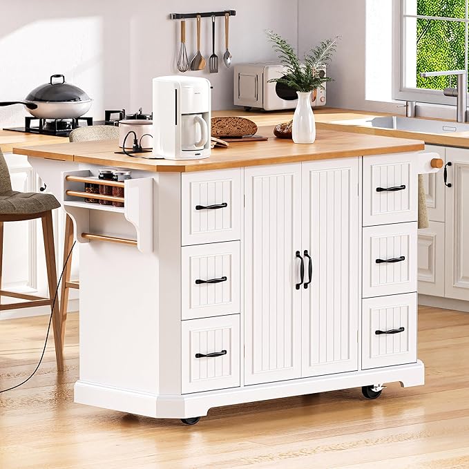 Ball & Cast 56" Large Modern Kitchen Island with Rubber Wood Veneer Drop Leaf, Power Outlet, 6 Drawers, 4 Door Shelves, White
