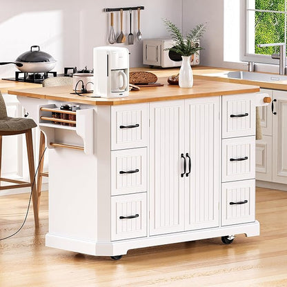 Ball & Cast 56" Large Modern Kitchen Island with Rubber Wood Veneer Drop Leaf, Power Outlet, 6 Drawers, 4 Door Shelves, White