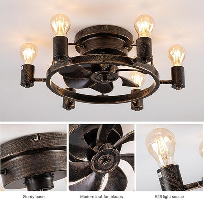Garwarm Ceiling Fans with Lights and Remote, 20 Inch Low Profile Flush Mount Ceiling Fan with Light, Farmhouse Rustic Industrial Fan Lights Ceiling Fixtures for Bedroom,Kitchen(6 Speed,Timing)-Bronze