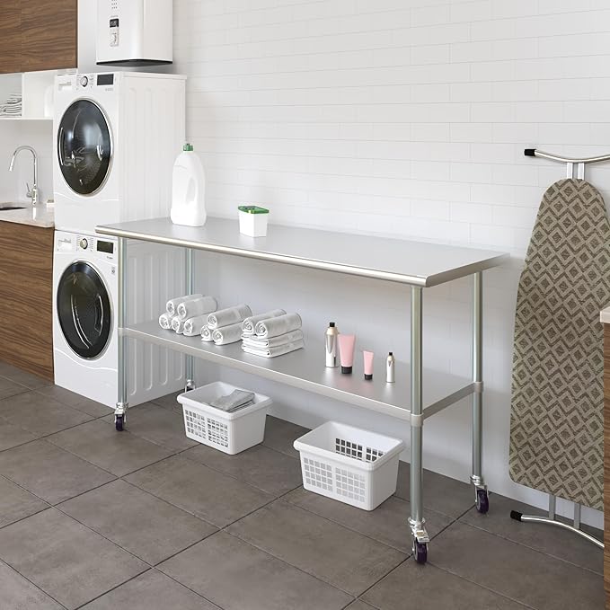 Stainless Steel Work Table with Wheels | NSF Kitchen Island Food Prep | Laundry Garage Utility Bench (Table + Wheels, 72" Long x 24" Deep)