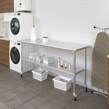 Stainless Steel Work Table with Wheels | NSF Kitchen Island Food Prep | Laundry Garage Utility Bench (Table + Wheels, 72" Long x 24" Deep)
