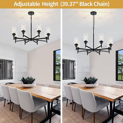 8-Light Farmhouse Glass Chandelier, Modern Black Chandelier for Dining Room Island Lights Industrial Hanging Foyer Lighting Fixtures Chandeliers for Entryway Kitchen Living Room Adjustable Height