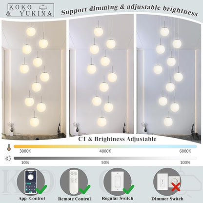 KoKo&Yukina 10 Light Globe Pendant Light Adjustable Hanging Light Staircase Chandelier Milk Glass Pendant Lights with Milky White Glass Shade Globe Lights for Staircase