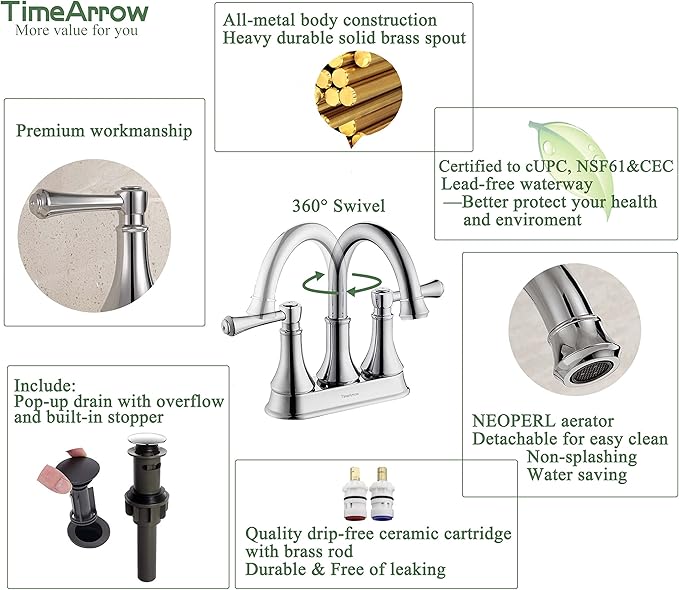 TimeArrow Chrome 4 Inch Two Handle Centerset Bathroom Sink Faucet 3 Holes with Pop up Drain, High Arc Modern Bathroom Vanity Lavatory Faucet with Brass 360° Swivel Spout, TAF067Y-CP