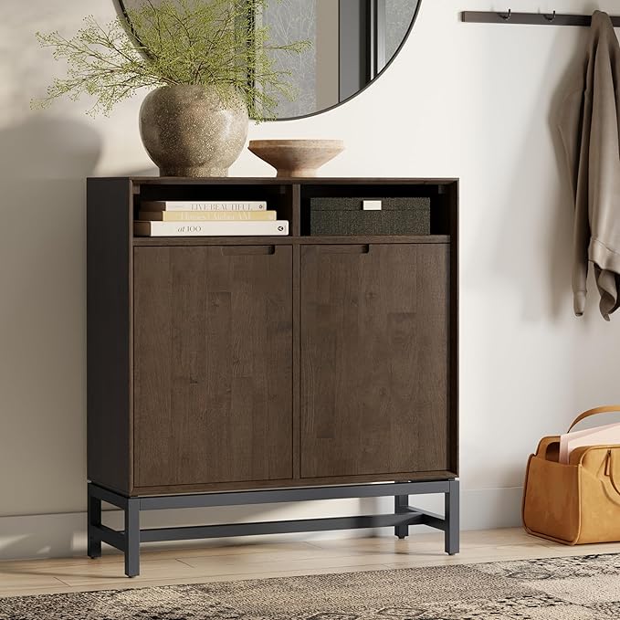 SIMPLIHOME Banting SOLID HARDWOOD 36 inch Wide Modern Industrial Entryway Storage Cabinet in Walnut Brown for the Living Room, Entryway and Family Room