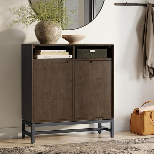 SIMPLIHOME Banting SOLID HARDWOOD 36 inch Wide Modern Industrial Entryway Storage Cabinet in Walnut Brown for the Living Room, Entryway and Family Room