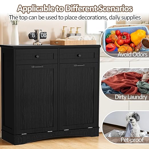 Double Tilt Out Trash Cabinet Freestanding Wooden Garbage Can Cabinet with Hideaway Drawers, 2x13 Gallons Pet Proof Garbage Can Holder for Kitchen Living Room, Dark Black