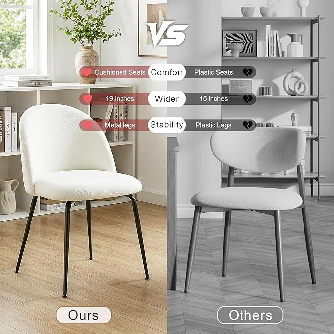 Casaphoria Dining Chairs Set of 2, Modern White and Black Upholstered Accent Chairs with Metal Legs, Ergonomic Comfy Vanity Chair for Kitchen, Living Room, and Bedroom