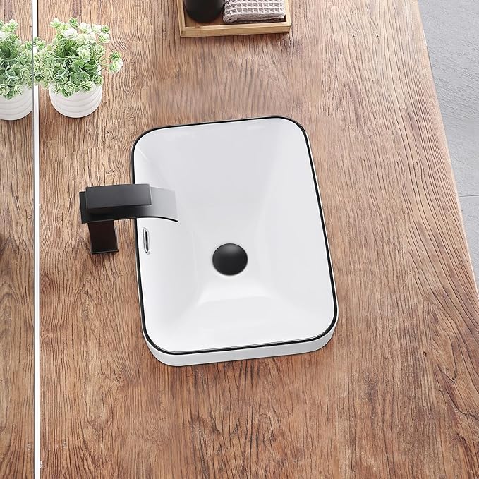 Bathroom Vessel Sink 18.2'' x 13.3'' Small Semi Recessed Bathroom Sink Rectangular Drop In Sink with Overflow White with Black Trim Ceramic Modern Vessel Sinks for Bathroom