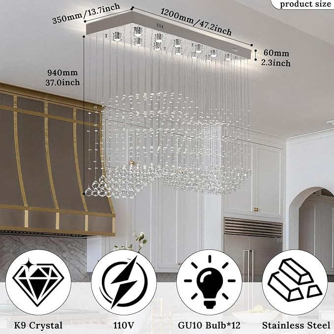 Finktonglan 47.2" Rectangular Crystal Chandelier for Kitchen Island, 10-Light Linear Island Pendant Light, GU10 Base (Bulbs Not Included), Height Adjustable Modern Dining Room Ceiling Light