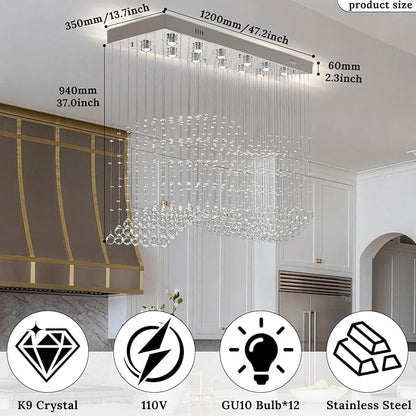 Finktonglan 47.2" Rectangular Crystal Chandelier for Kitchen Island, 10-Light Linear Island Pendant Light, GU10 Base (Bulbs Not Included), Height Adjustable Modern Dining Room Ceiling Light