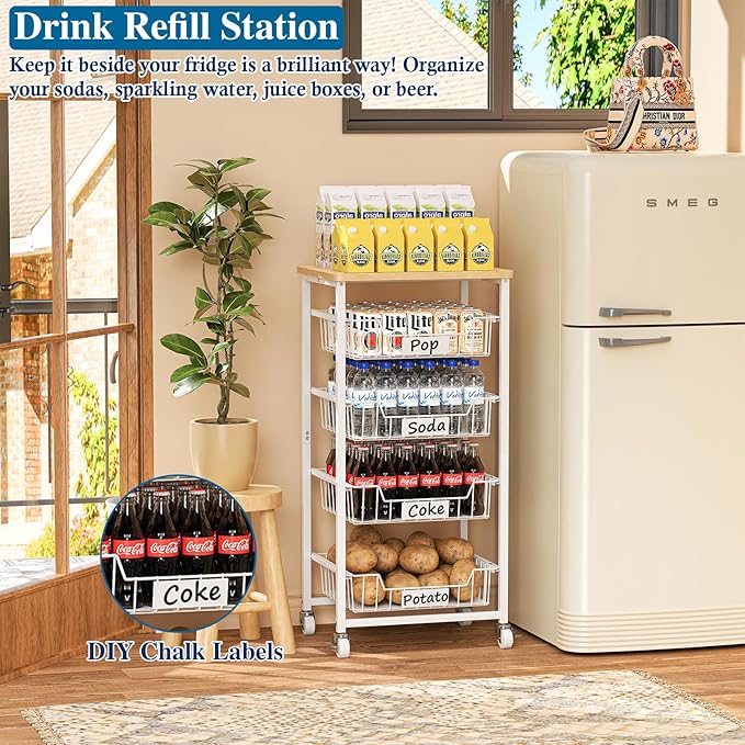 OKZEST 5-Tier Small Kitchen Storage Cart on Wheels with Pull-Out Drawers, Rolling Pantry and Snack Organizer Cart with Wood Top, Kitchen Floor Fruit Basket Stand for Fruit Potato Onion Veggie Snack