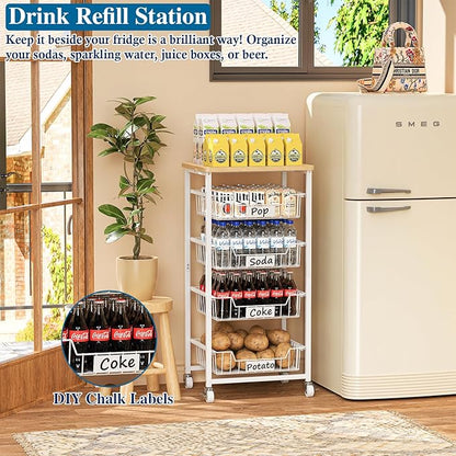 OKZEST 5-Tier Small Kitchen Storage Cart on Wheels with Pull-Out Drawers, Rolling Pantry and Snack Organizer Cart with Wood Top, Kitchen Floor Fruit Basket Stand for Fruit Potato Onion Veggie Snack