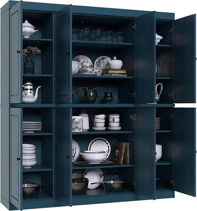 Palace Imports Solid Wood Pantry Cabinet - 71.5" Tall x 65" Wide Freestanding Storage Cabinet w/ 8 Doors & Adjustable Shelves for Kitchen – Teal Blue, Renewable Eco-Friendly 100% Wood, Made in Brazil
