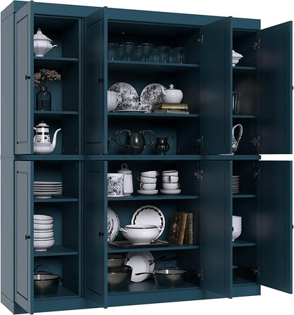 Palace Imports Solid Wood Pantry Cabinet - 71.5" Tall x 65" Wide Freestanding Storage Cabinet w/ 8 Doors & Adjustable Shelves for Kitchen – Teal Blue, Renewable Eco-Friendly 100% Wood, Made in Brazil