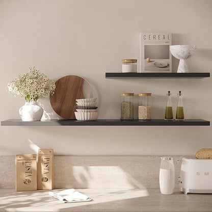 Wall Shelf Set of 1, Black Floating Shelves 24 in W x 10 in D x 1 in H, Wooden Floating Wall Shelf with Invisible Brackets for Living Room/Bedroom/Bathroom/Kitchen Storage and Decor