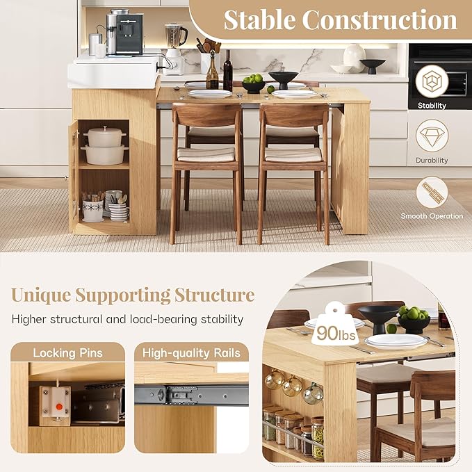 Kitchen Islands with Extendable Dining Table, Wheels and Hooks, Sideboard, Island Table with Double-Side Storage for Kitchen and Dining Room (Natural+Creamy White)