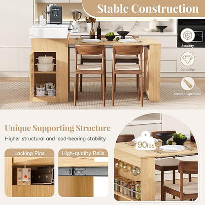 Kitchen Islands with Extendable Dining Table, Wheels and Hooks, Sideboard, Island Table with Double-Side Storage for Kitchen and Dining Room (Natural+Creamy White)