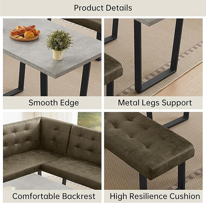 HIPIHOM 3-Piece Corner Dining Table Set with Bench, 70 Inch Space-Saving Breakfast Nook for Kitchen & Dining Room(Grey Table+Right Seat Brown Bench)