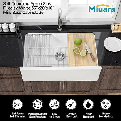 Miuara Self Trimming Farmhouse Workstation Sink 33 Inch - Tall Apron Front Fireclay Kitchen Sink 33"x20"x10", Dual Mount: Undermount & Topmount, Farm House Style Single Bowl, Glossy White, for Kitchen