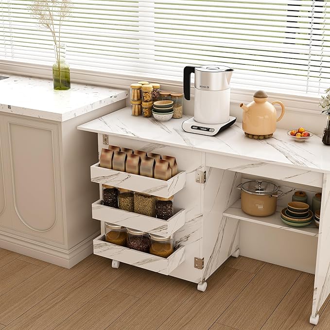 White Folding Dining Table with Wheels, 4-in-1 Versatile Table with Storage Rack and Cabine,Marble Color Kitchen Island, Side Table and Coffee Table Table,Space Saving