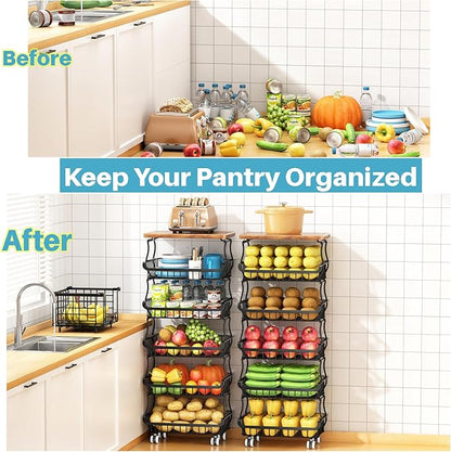 6 Tier Pantry Organizers and Storage Vegetable Fruit Basket for Kitchen, Stackable Flexible Design (3+3, 4+2, 5+1,6+0) Pantry organizers and storage for Kitchen Bathroom Livingroom Laundry Room Cart