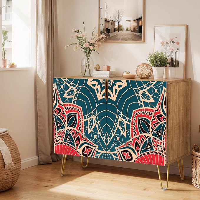 SIGNWIN Sideboard Buffet Cabinet, Kitchen Storage Cabinet with 2 Doors, Colorful Indian Floral Mandala Pattern, Cupboard Console Table for Dining Room - 35" L x 18" W x 29" H