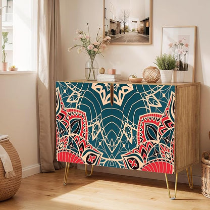 SIGNWIN Sideboard Buffet Cabinet, Kitchen Storage Cabinet with 2 Doors, Colorful Indian Floral Mandala Pattern, Cupboard Console Table for Dining Room - 35" L x 18" W x 29" H
