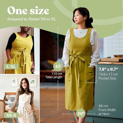 HANEE Linen Cross Back Apron for Women with Pockets - Japanese, Korean Style No Tie Pinafore Smock for Kitchen Cooking Garden