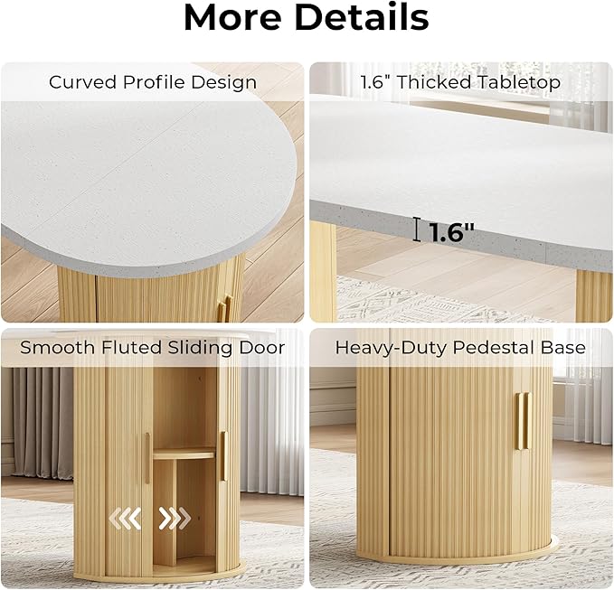 IRONCK 71" Oval Dining Table for 4-6 with Hidden Storage, Modern Farmhouse Kitchen Table with Fluted Semi-Cylindrical Legs, Faux Quartz Top for Dining Room, Kitchen, Living Room & Home Office (Oak)