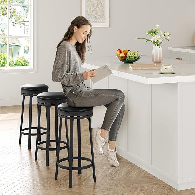 IDEALHOUSE 30'' Swivel Bar Stools Set of 4 with Footrest, Modern Counter Height Barstools with PU Leather Upholstered and Metal Frame, Backless Round Bar Stools for Kitchen Island, Black