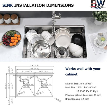 33 Inch Undermount Kitchen Sink Double Bowl - 16 Gauge Stainless Steel Undermount Double Bowl Workstation Kitchen Sink 50/50, 33x19 Inch