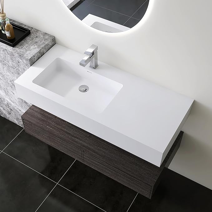 39.4"x18.9" Wall Mount Bathroom Vanity with Stone Resin Sink, White Floating Vanity Sink, Rectangular Vessel Sink for Bathroom, Modern Trough Design Matte White