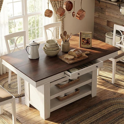 Garvee Counter Height Dining Table with 2 Drawers, 36" Farmhouse Wooden Large Bar Kitchen Table with Wine Rack & 3 Shelves, Rectangular, Thick Frame for Kitchen, Bar & Entertaining, Retro White Brow