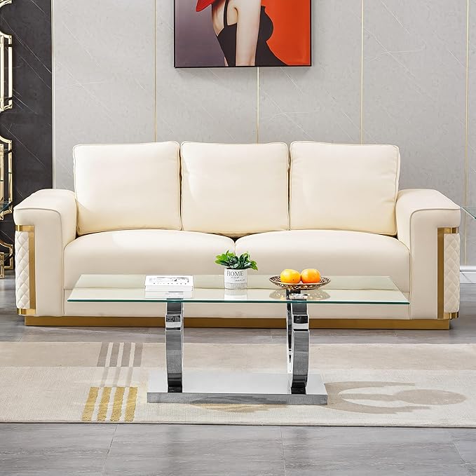 HomVent 51.18" Glass Coffee Table, Living Room Tables, Modern Silver Tempered Glass Top Side Center Tables Bedroom, Rectangle Bedside Eating Table for Home Office with Stainless Steel Base