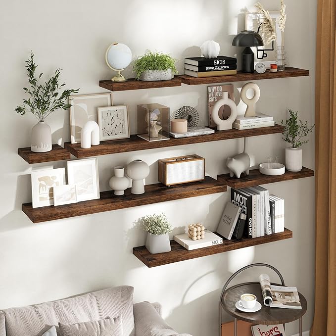 32 Inch Floating Shelves for Wall Set of 2, 8"D Wood Grain Bathroom Shelves with Invisible Brackets, Easy Install Engineered Wood Storage Shelves for Kitchen, Living Room, Bedroom, Rustic Brown Finish