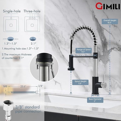 GIMILI Kitchen Faucet with Pull Down Sprayer Single Hole Stainless Steel Sink Faucet, Suitable for Farmhouses, RV, Laundry Room, Outdoor, and Campers. Llave para fregadero de cocina Nickel and Black