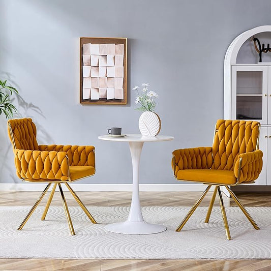 Upholstered Dining Chairs Set of 2, Hand-Woven Back Kitchen Chair, Large Gold Dining Chairs,Velvet Upholstery with Metal Legs, Modern Velvet Chair for Dining Room、Kitchen、Restaurant