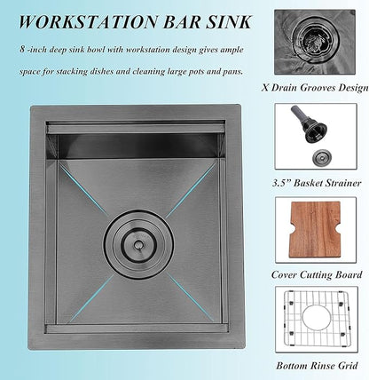 KINGO HOME Black Undermount Bar Sink, 13x15 Inch Stainless Steel Small Workstation RV Sinks 16 Gauge Ledge Kitchen Gunmetal Black Single Bowl Kitchen Wet Bar Prep Sink with Accessories
