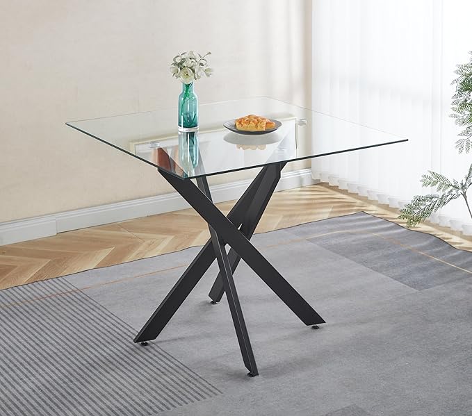 35.43'' Square Glass Dining Table,Modern Kitchen Table for 2-4 People,Dining Room Table with Tempered Glass Top and Metal Legs for Kitchen Apartment