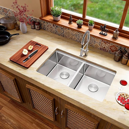 Kitsitchen Undermount Kitchen Sink, 16 Gauge T-304S Stainless Steel Workstation Sink, 50/50 Double Kitchen Sinks, 30" x 18" x 10" Large and Deep Handmade Kitchen Sinks with Accessories